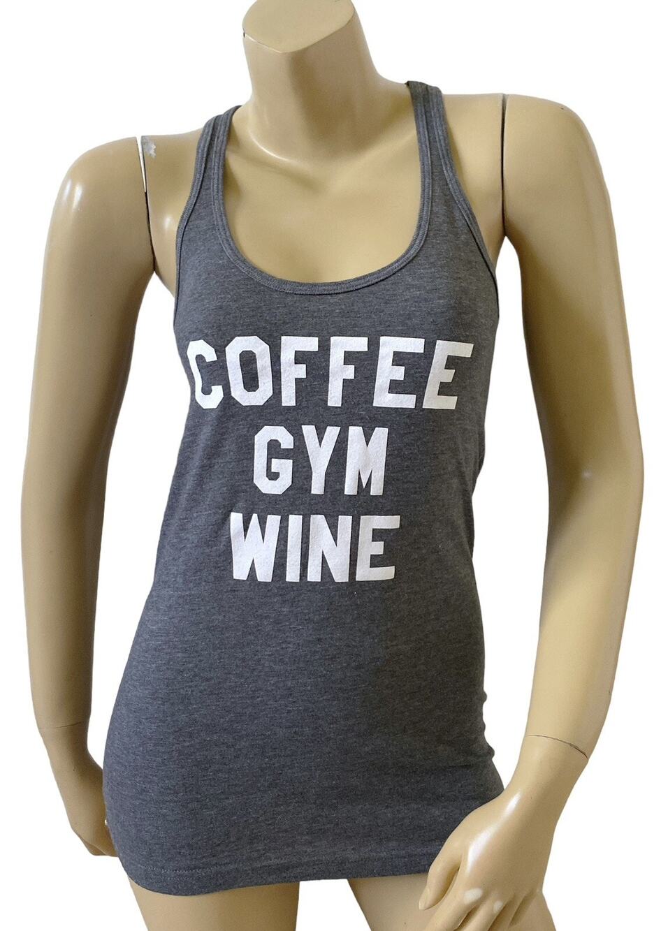 Center Stage Tank Top Womens S Gray Graphic Coffee Gym Wine Racerback Workout